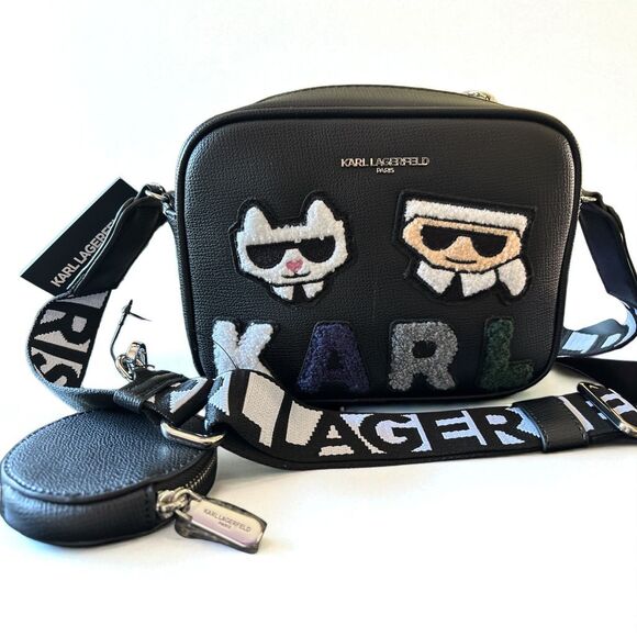 Karl Lagerfeld Maybelle Camera Bag Felt Ikons Black Guitar Strap/Coin purse New - Picture 1 of 3